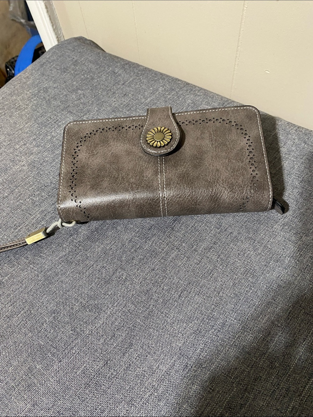 Womens Brown Distressed Leather Wristlet Wallet with Floral Snap